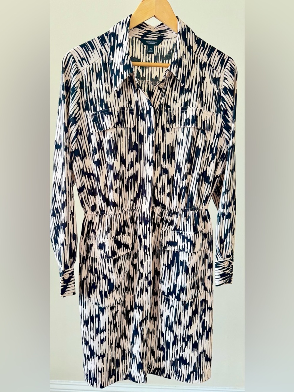 Simply Vera Vera Wang Black and Cream Long Sleeve Front Pockets Shirt Dress